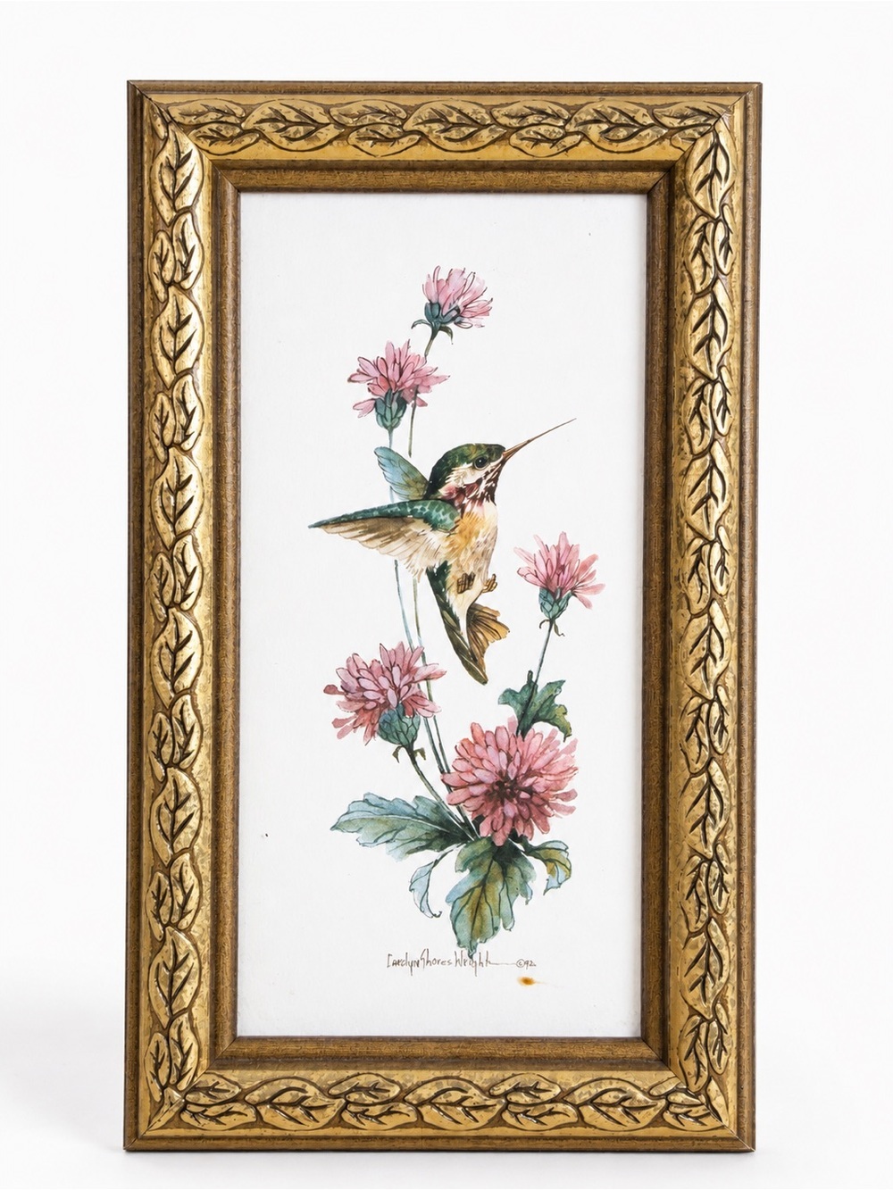 Vintage Framed Hummingbird & Pink Floral Print by Jacelyn Shores Wright (1992)